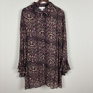 Diane Von Furstenberg Silk Assets Blouse Top 2X‎ Button Up Paisley Bell Sleeve